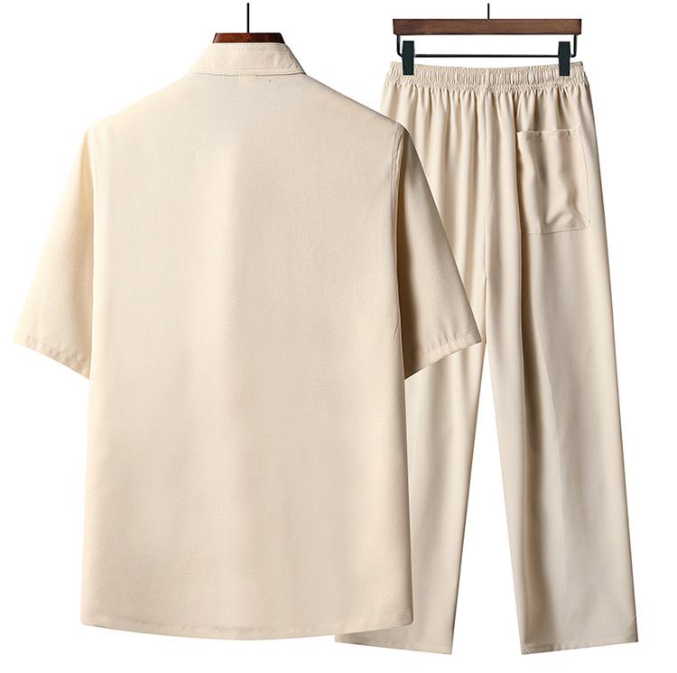 Men's Embroidered Short Sleeve Tang Suit - Loose Fit Dragon Set for Fathers and Seniors