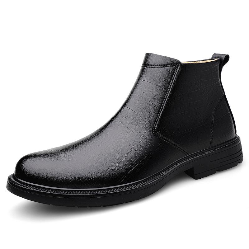 Men s Mid-High Chelsea Boots - Autumn/Winter Slip-on Plaid Cowhide Leather Casual Boots 43