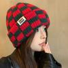 Checkerboard Plaid Knitted Hat For Women Autumn And Winter Korean Style Wool Hat Japanese Style Face-Enhancing Small Hat