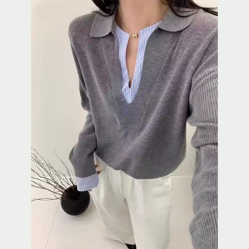 

Свитер женский осенне-зимний в стиле old money, с поло-воротником, полосатой вставкой, имитацией двух предметов, высококачественный базовый трикотажный свитер average size серый