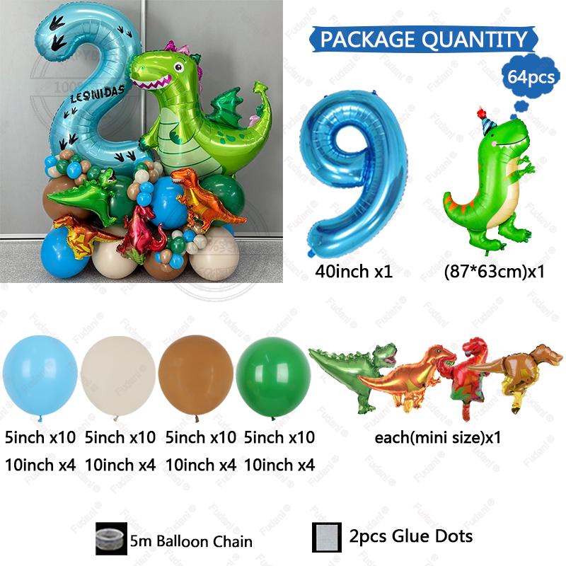 64pc/set Little Dinosaur Blue Series Digital Aluminum Film Balloon 1-9 Suitable for Birthday Party Anniversary Graduation Gift