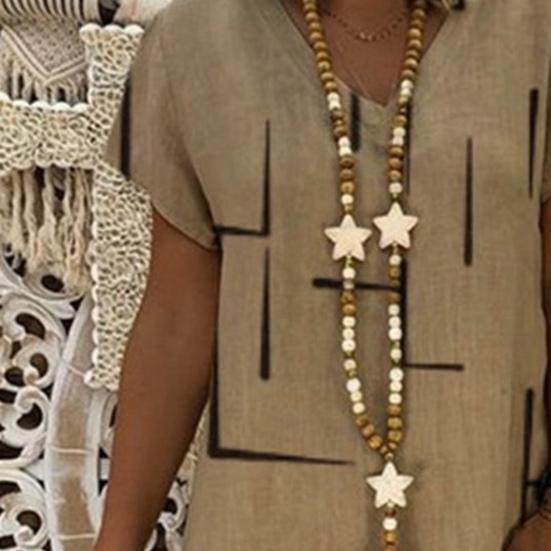 V-Neck Short Sleeve Knee-Length Shift Dress Geometry Plaid Print Casual Summer Dress Female Clothing