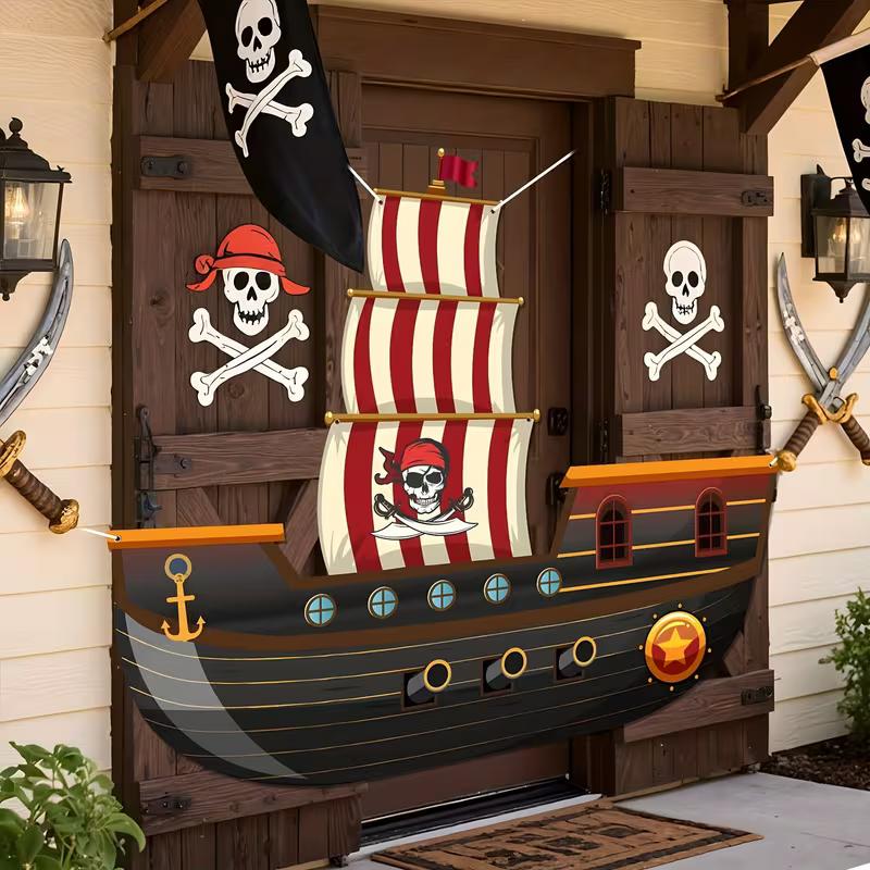 Adventurous Pirate Ship Tapestry, Cartoon Galleon with Striped Sails and Skull Flag Background Cloth, Fun Party Wall Art