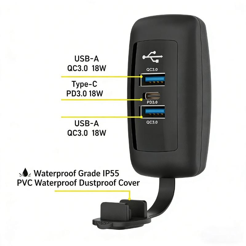 3 Port Car Chargers With Double QC3 0 18W And PD3 0 30W For RVs Truck Boat Easy Installation Dustproof Cover