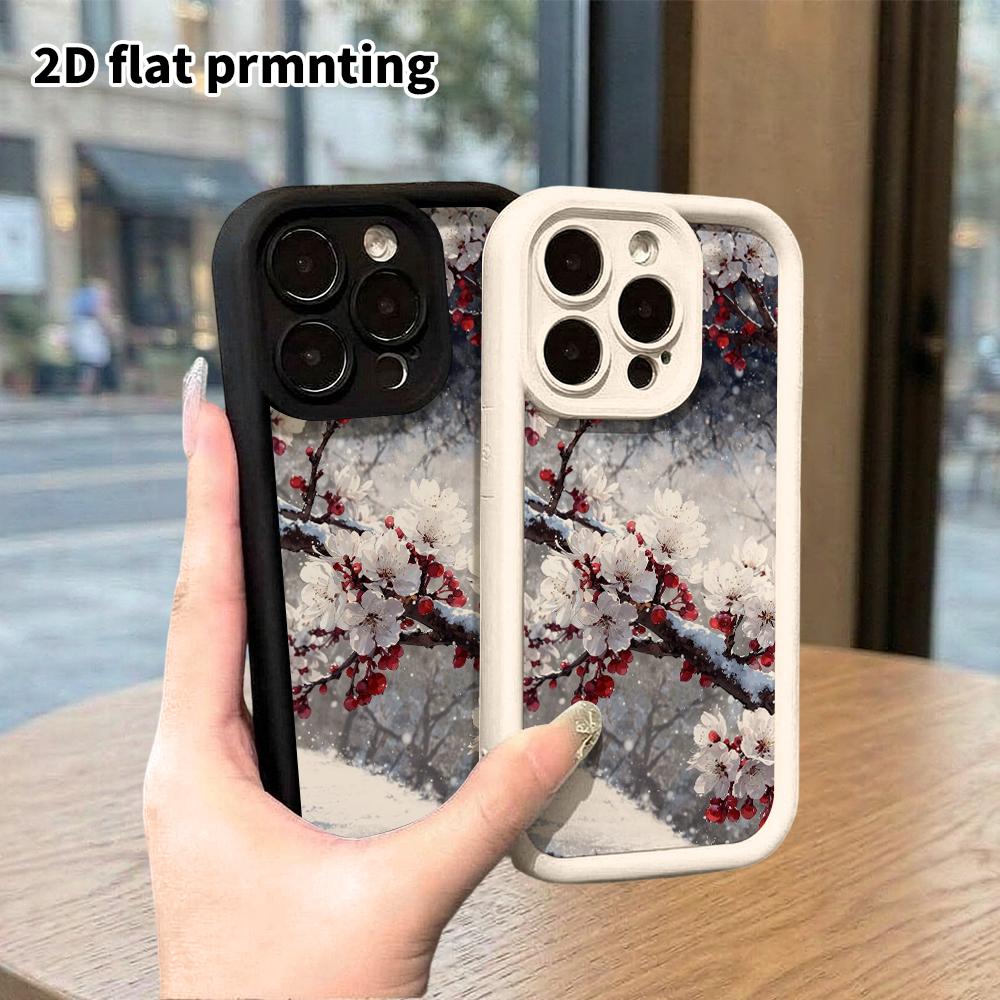 Phone Case: 2D Flat Design Suitable for iPhone 18 17 16 15 14 13 Pro Tiered Protective Case, Falling Snow White Plum, Christmas and Halloween Gift