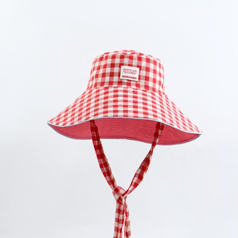Double-sided Wear Summer Outdoor Sun Hat Travel Lace-up Plaid Bucket Hat Women's Large Brim Foldable Sunshade Basin Hat