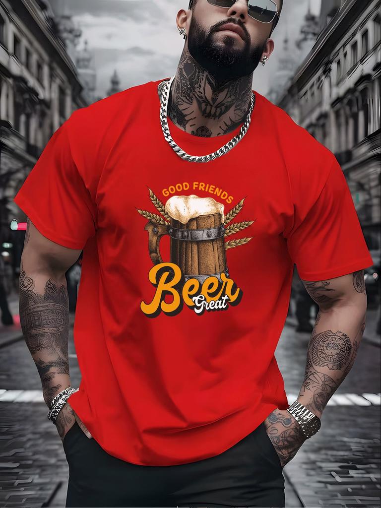 Unisexs Summer Crew Neck Short Sleeve T Shirt Good Friends Great Beer Mug Wheat Print Red Tee Casual Party Loose Fashion Top