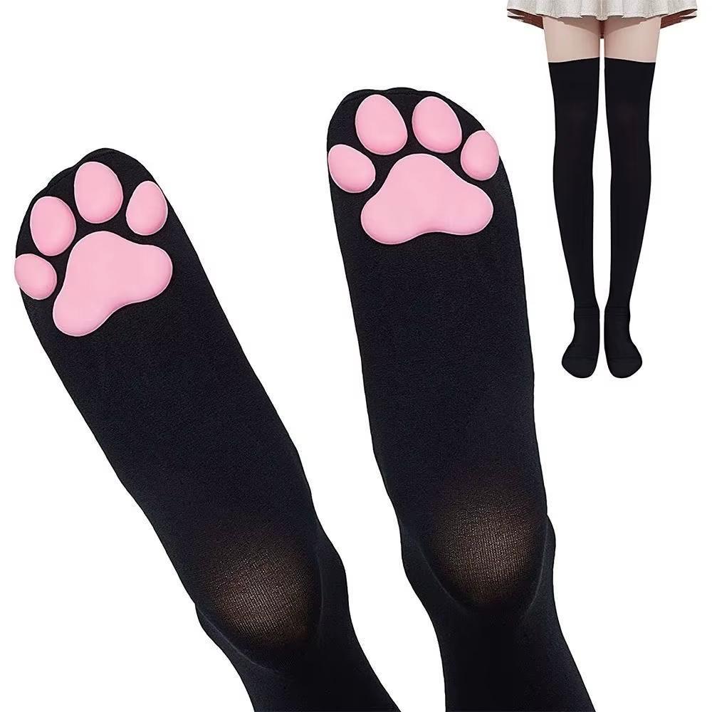 Cute Kawaii Anime 3D Cat Paws Over Knee Socks - Black 65