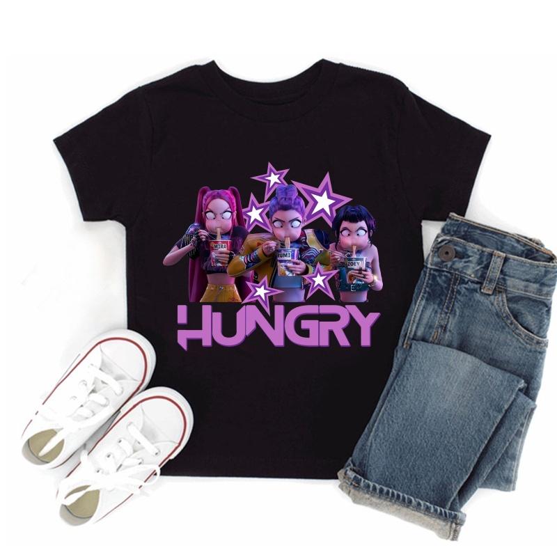 Hot Sale Kpop Demon Hunters Print Fashion Kids T-shirt Baby Boys Girls Clothes Summer Children Cotton Short Sleeve Black T shirt