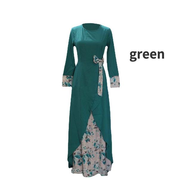 Muslimisches Kleid für Damen, O-Ausschnitt, volle Ärmel, lässig, Herbst, Blumenbogen, Abaya, islamische Dame, elegante Maxikleider