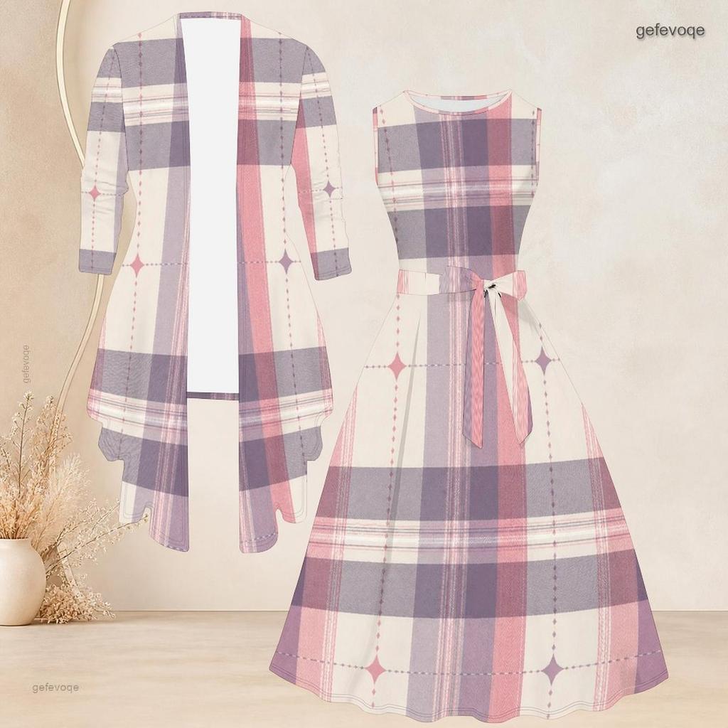 Women Plus Size Two Piece Set Abstract Printed 3 4 Sleeve Open Cardigan Sleeveless Round Neck Tie Waist Flared Dress