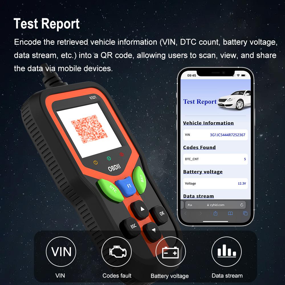 Code Reader V321 Battery Tester Fault Code Clear OBD II Scanner Car OBD2 Diagnostic Tools Check Engine System Universal