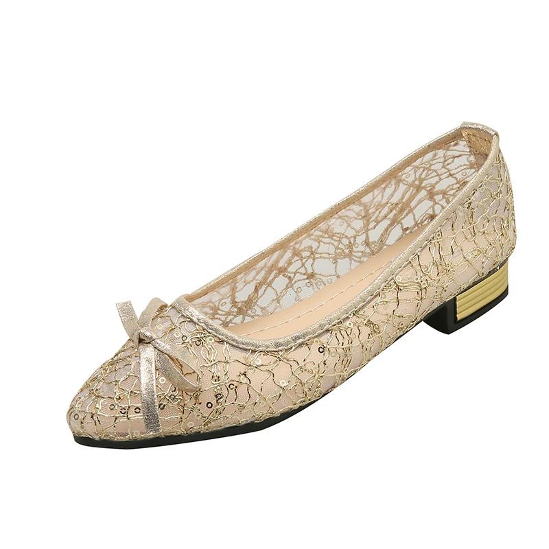 Plus Size 2025 New Mesh Women's High Heels Pointed Toe Bling Bow Tie Low Heel Slip On Pumps Office & Dress Shoes Female