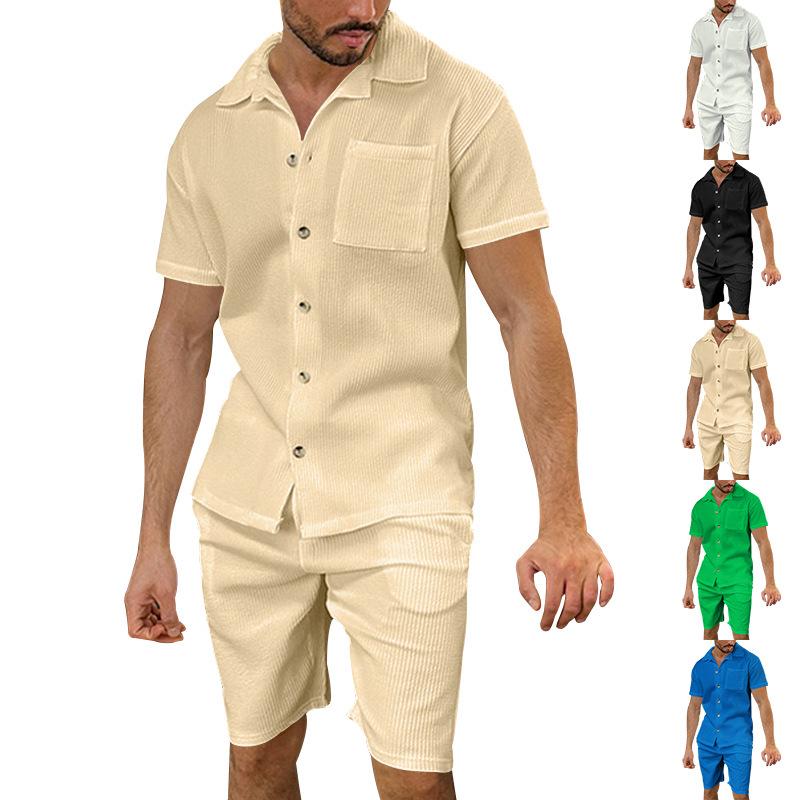 Herrkläder 2-delat set: Cardigan med slag och shorts - Enfärgad randig sommaroutfit