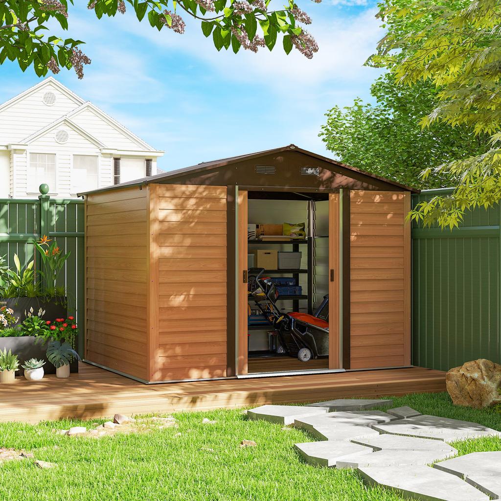 9 x 6ft Galvanised Steel Shed - Brown Wood-Effect