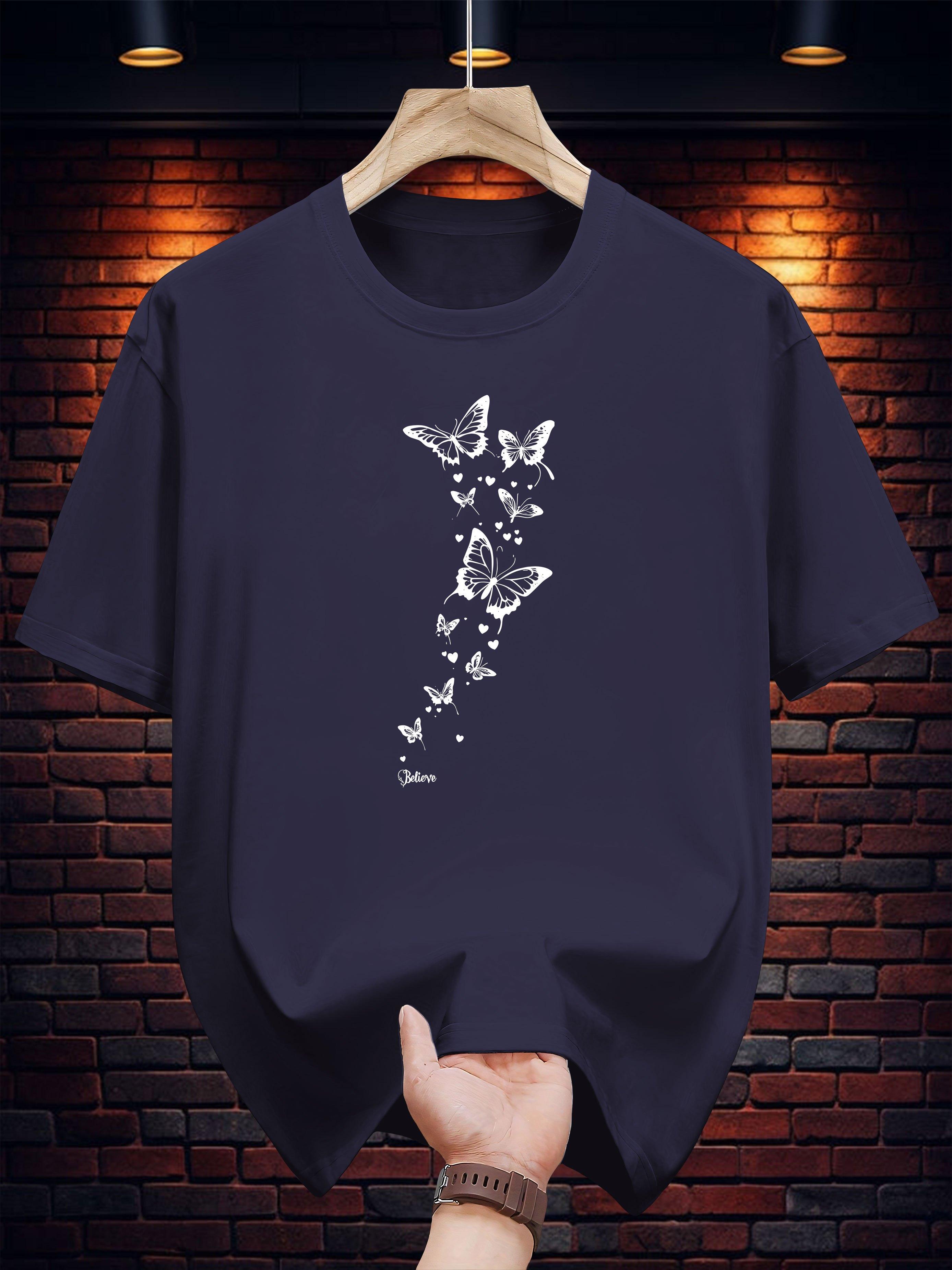 

T-shirt with White Butterfly Print - Casual Summer Round Neck Tee S