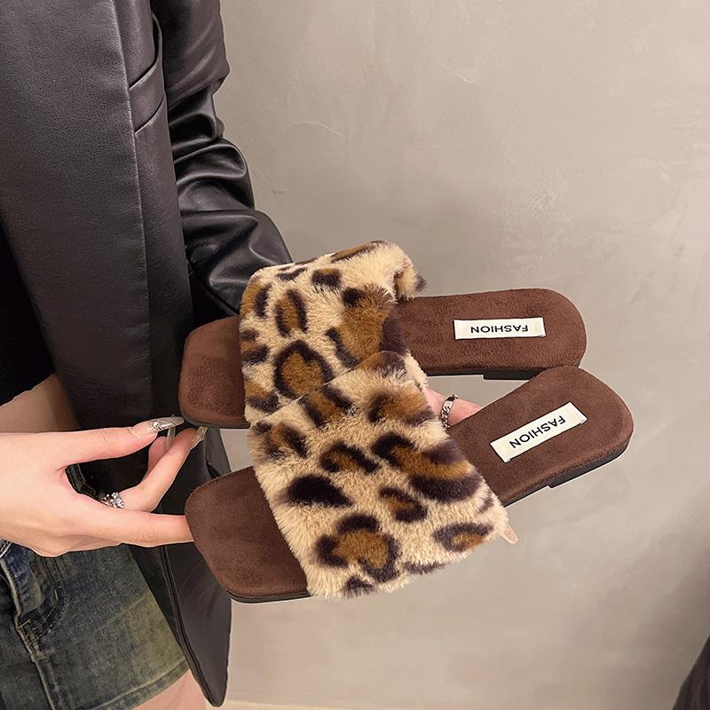 Fashion Autumn Winter Retro Leopard Print Slippers Women's Fashion Plush Fur Slides Home Flip Flops Indoor Warm Anti Slip Room Shoe