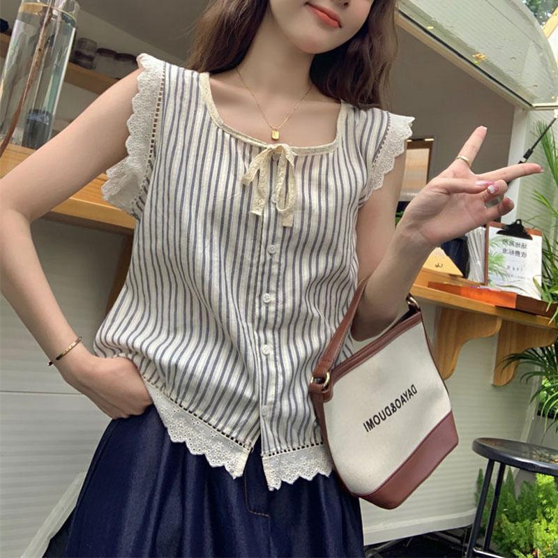 Striped Fashion Lace Hollow Out Blouse O-Neck Summer Casual Sleeveless Spliced Women's Clothing Single-breasted Straight Shirt