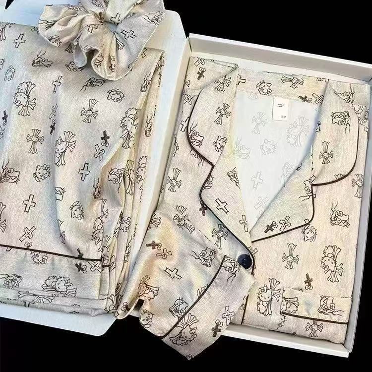 New Women Ice Silk Pajama Set,Long Sleeve Long Pants Loungewear