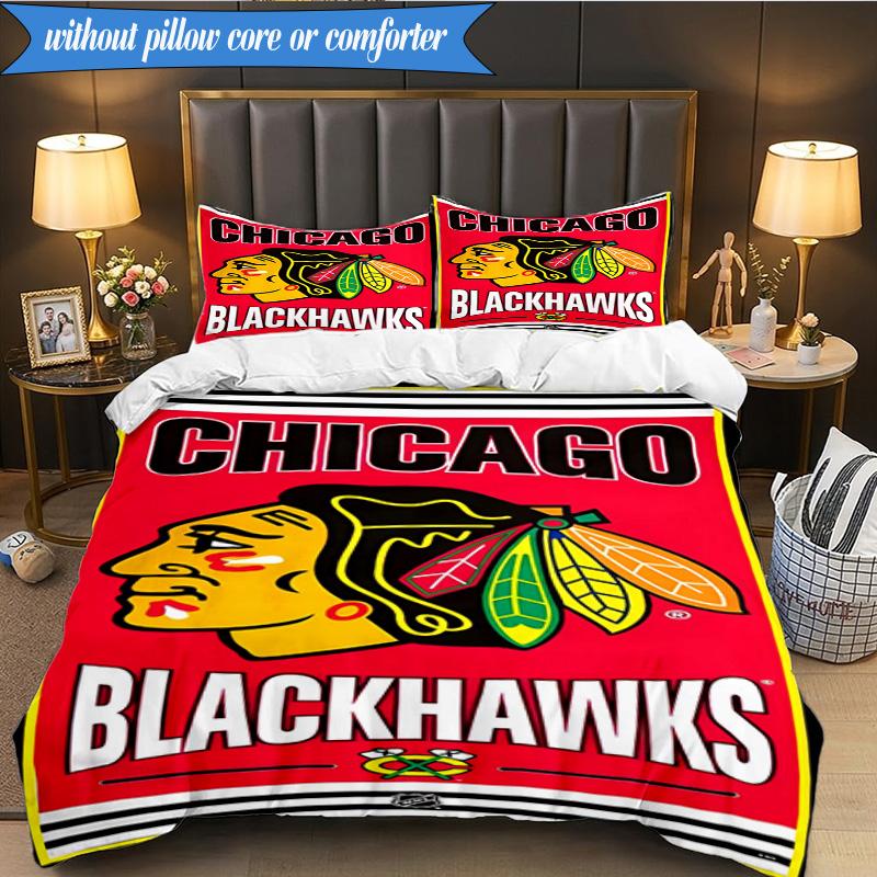 3PCS Chicago-Blackhawks Logo Bedding Set,Including 1pc Duvet Cover And 2pcs Pillowcases Perfect for Bedroom, Dormitory, Fan Christmas Gift