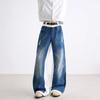 American high street vintage patchwork color-blocking jeans for men and women, casual versatile loose straight-leg wide-leg floor-length pants