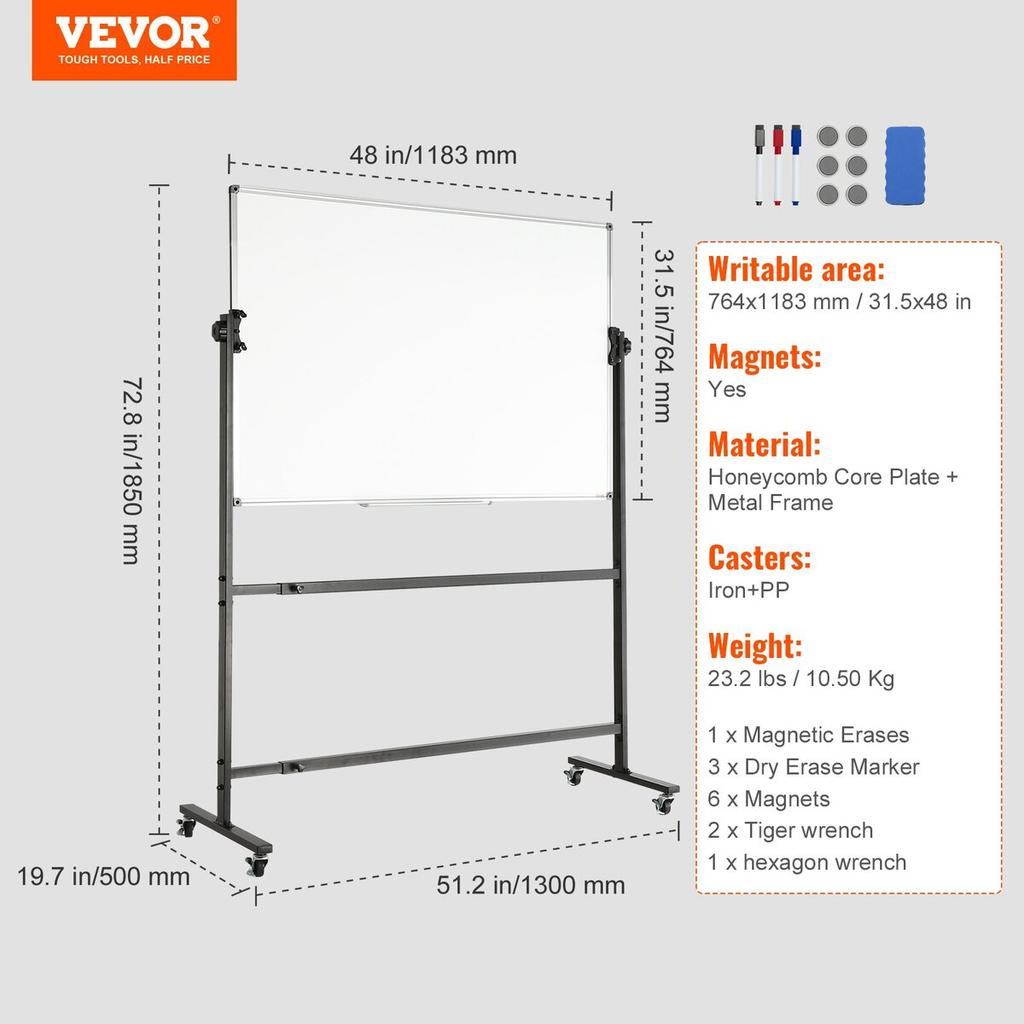 Rolling Whiteboard, 48x32 Inch Double-Sided Magnetic Mobile Whiteboard, 360° Reversible Adjustable Height Dry Erase Board with Wheels & Movable Tray