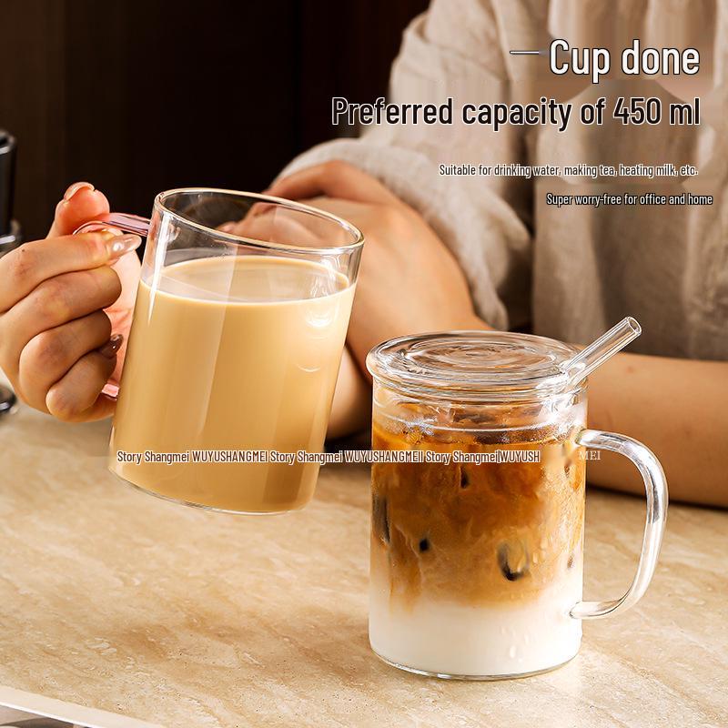 High-Temperature Resistant Borosilicate Glass Cup with Flat Bottom, Lid, and Handle - Explosion-Proof for Tea or Milk
