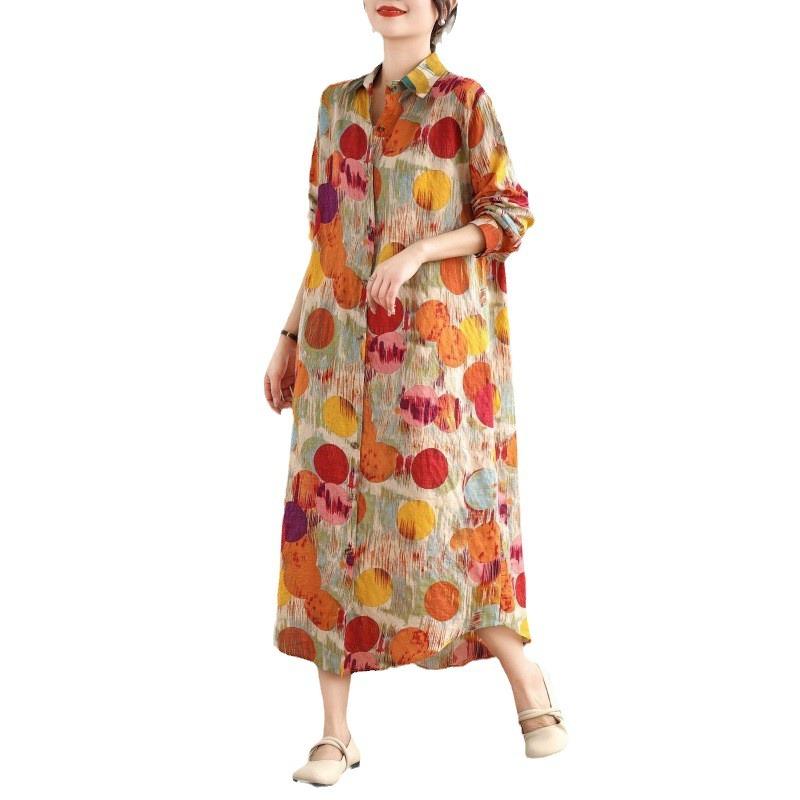New Retro Literary Long-sleeved Printed Dress Lapel Loose Thin Lengthened Shirt