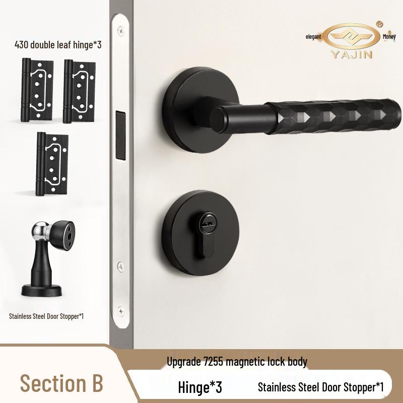 Black Knurled Magnetic Silent Door Handle with Lock for Bedroom Wood Doors