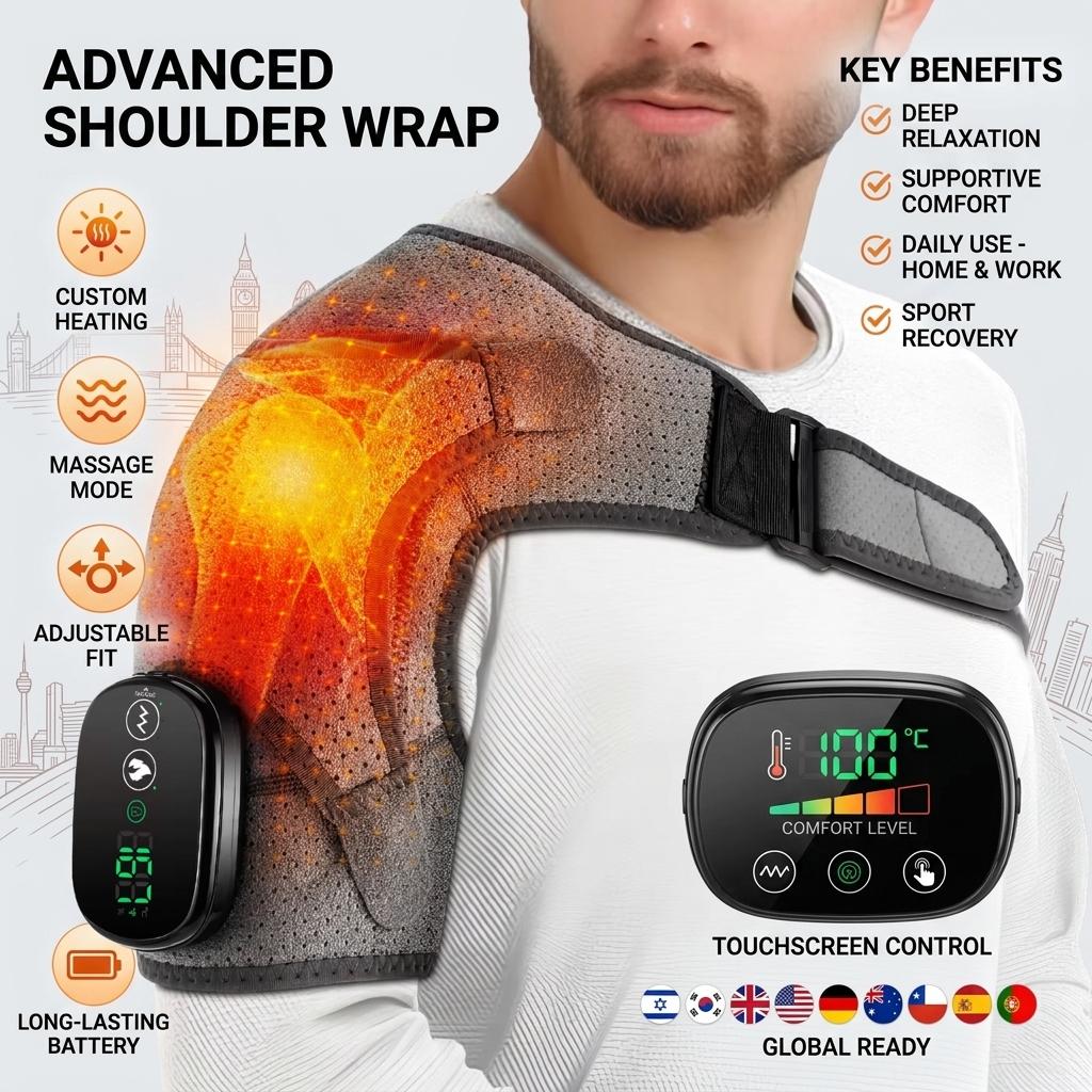 Touchscreen Smart 5000mah Electric Heated Vibrating Shoulder Massager Brace Support Wrap Breathable Perforated Wireless Rechargeable 3-speed Massage