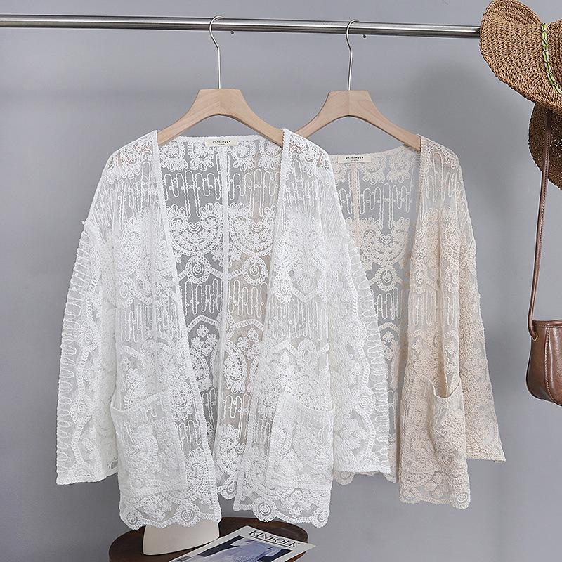 

2025 Summer French Lace Crochet Long Sleeve Casual Cardigan Shawl with Sun Protection One Size