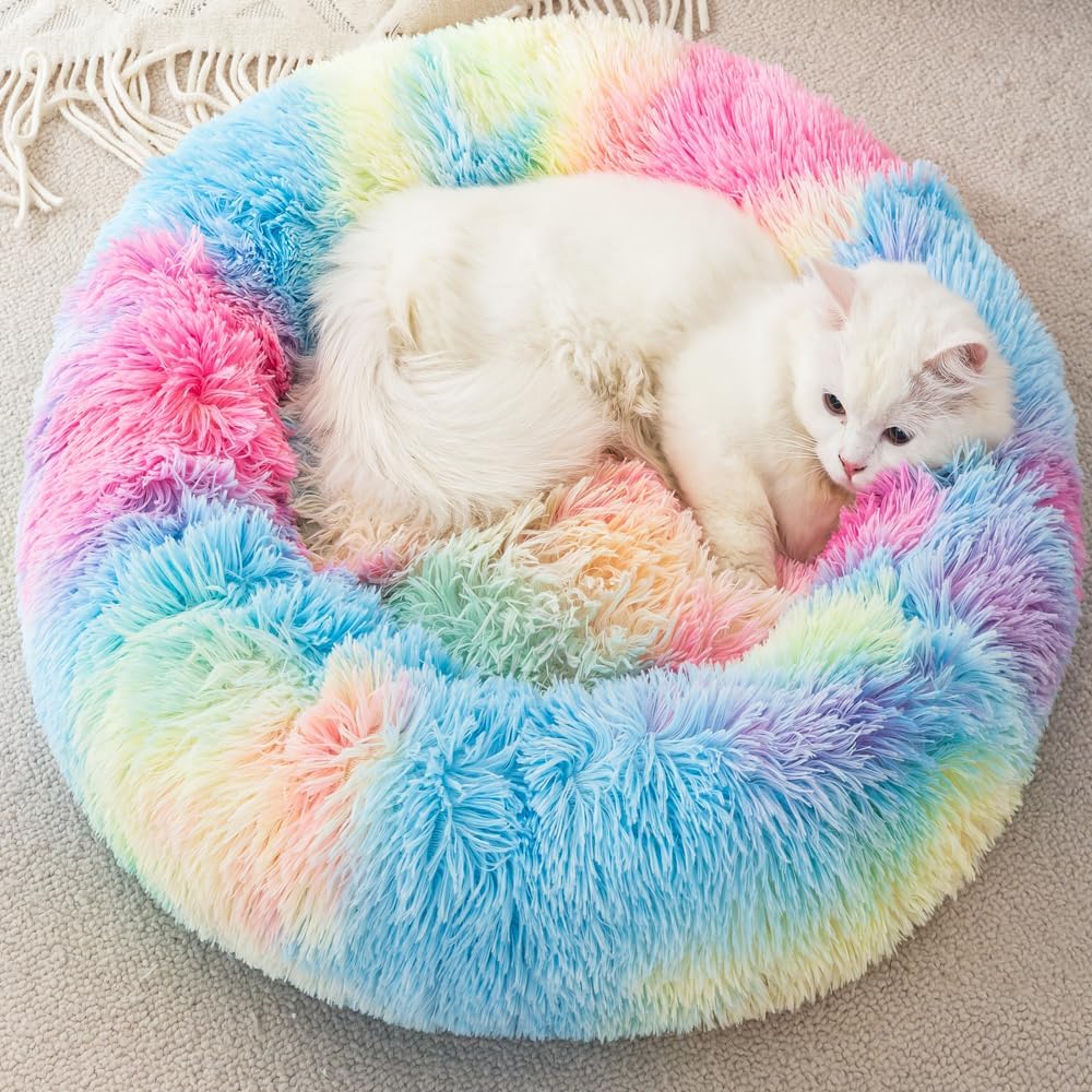Small Cat Bed Nest Bed Dog Bed Round Bed Donut Rabbit Bed Pet Bed Small Kitten Bed Warm Fluffy Donut Bed Furry Cat for 3Kg Pet