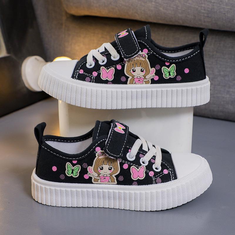 Girls Cartoon Butterfly Print Velcro Strap Thick Sole Casual Canvas Skate Shoes 26 чёрный