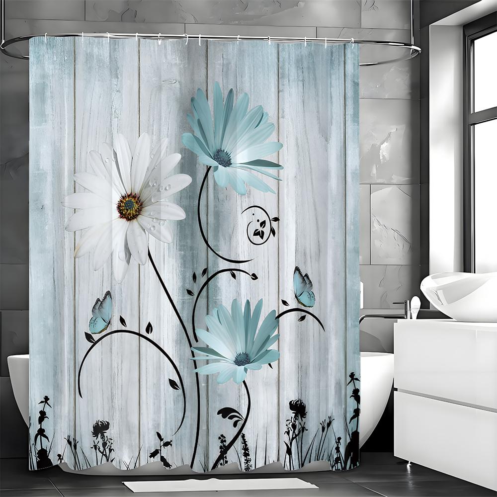 Blue White Daisy Flower Butterfly Wooden Panel Shower Curtain, Bathroom Decorative Shower Curtain, Waterproof Shower Curtain wit