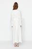 Women's Style Hijab Dress White Wide Belted Zipper Cuffed Woven Linen Look Dress