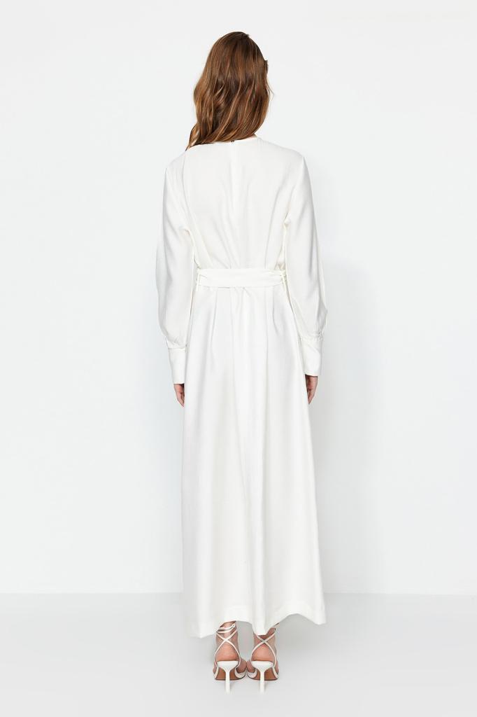 Women's Style Hijab Dress White Wide Belted Zipper Cuffed Woven Linen Look Dress