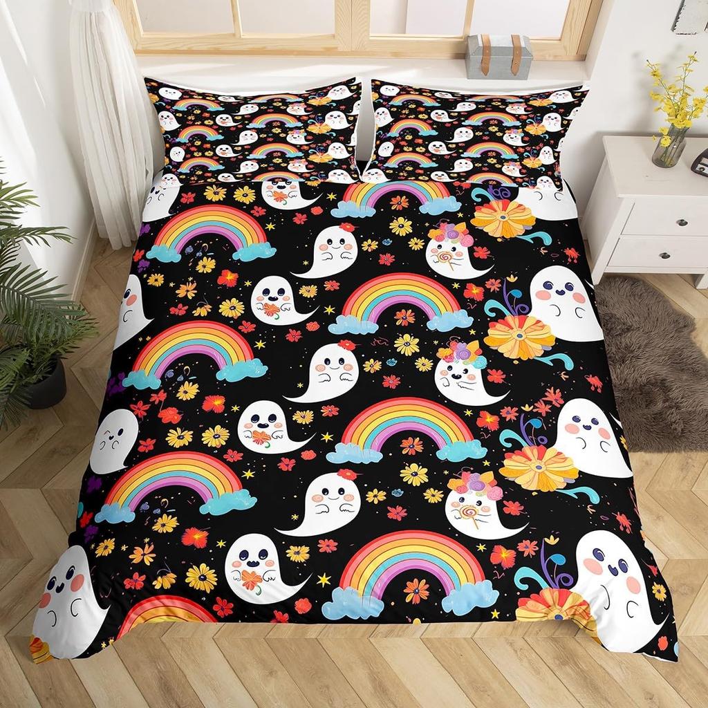 Cartoon Ghost Duvet Cover Twin Queen Happy Halloween Bedding Set Orange Pumpkin Flowers Rustic Comforter Cover with 2 Pillowcase