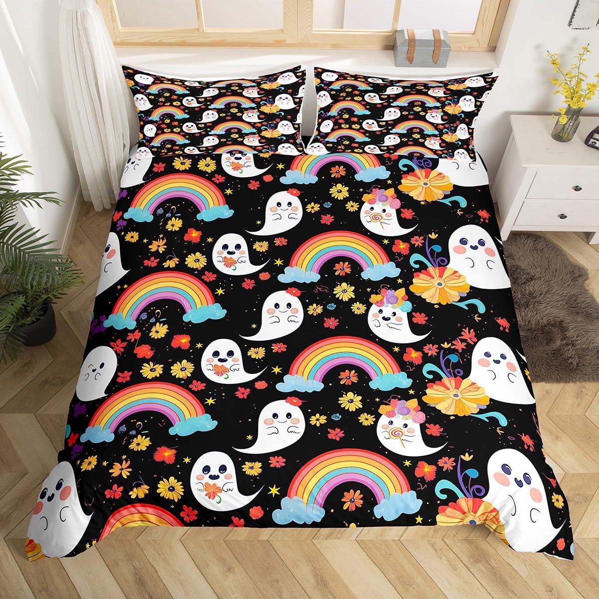 

Carton Ghost Soft Duvet Cover Twin Quen Hapy Halowen Beding Set Orange Pumpkin Flowers Rustic Warm Comforter Cover featuring 2 Pilowcase 100*200cm Single