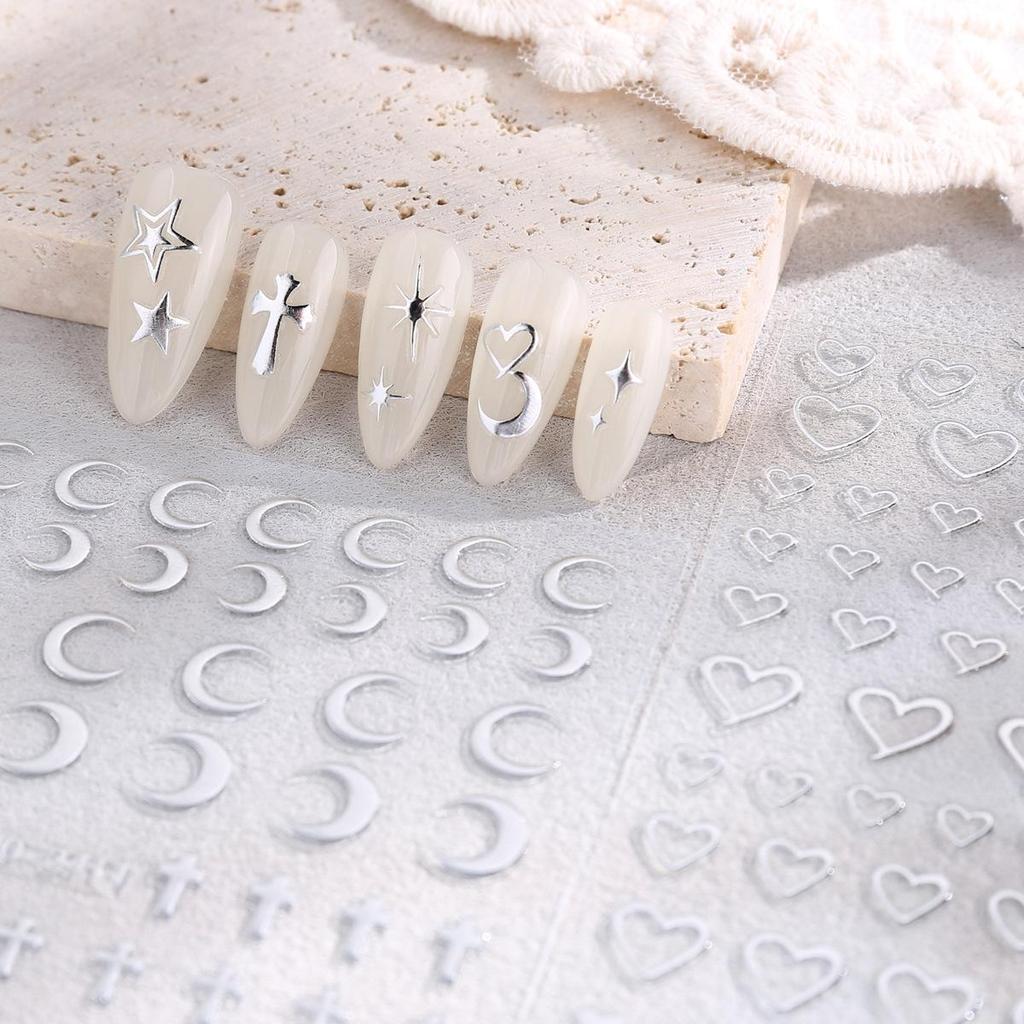 12-Sheet Embossed Silver Nail Art Stickers DIY Press-On Decals