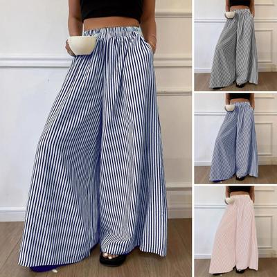 Women Pants with Pockets, Casual Wide Leg Trousers with Elastic Waist, Loose Fit Striped Print Pants for Everyday Wear