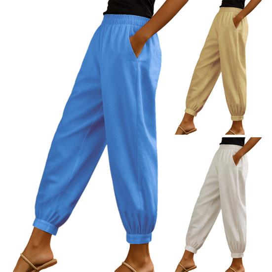 Women Casual Pants Elastic Mid-rise Wide Leg Ankle-Tied Design Long Trousers with Pockets Pure