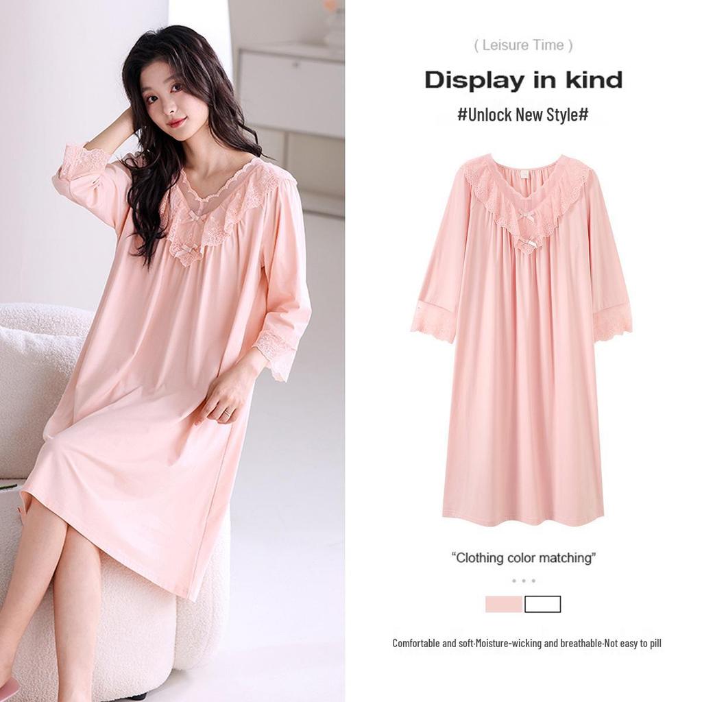 Dámska ľahká nočná košeľa strednej dĺžky z modalu a bavlny, nadmerná veľkosť, na jar a jeseň.