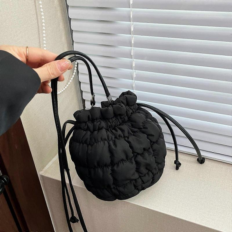 Women's Quilted Puffer Bucket Bag Drawstring Closure Creative Shoulder Crossbody Bag for Daily Commute and Outdoor White