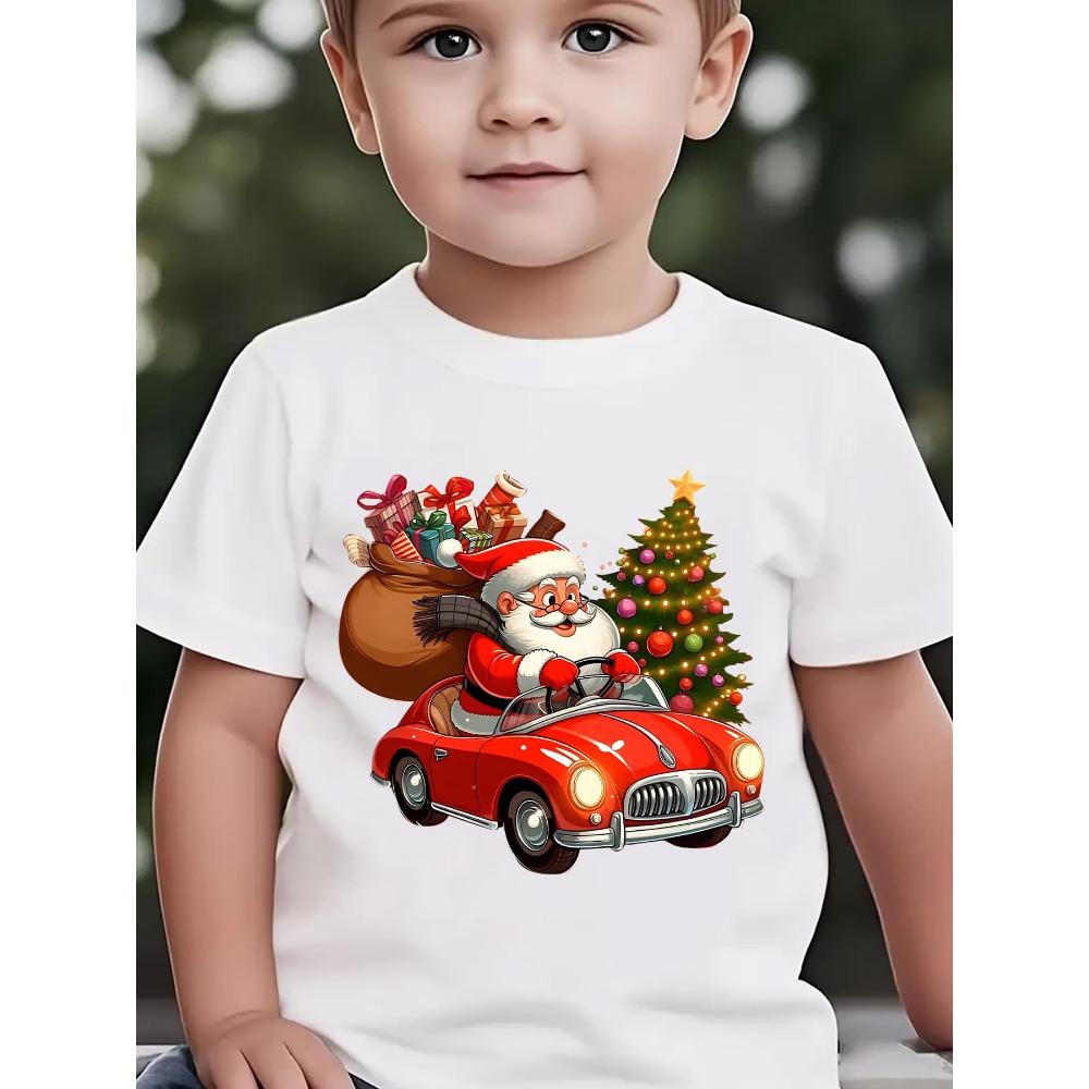 Boys' Christmas & Summer Short Sleeve T-Shirt Santa Claus Cartoon Print Christmas Girl's T-shirt Tops