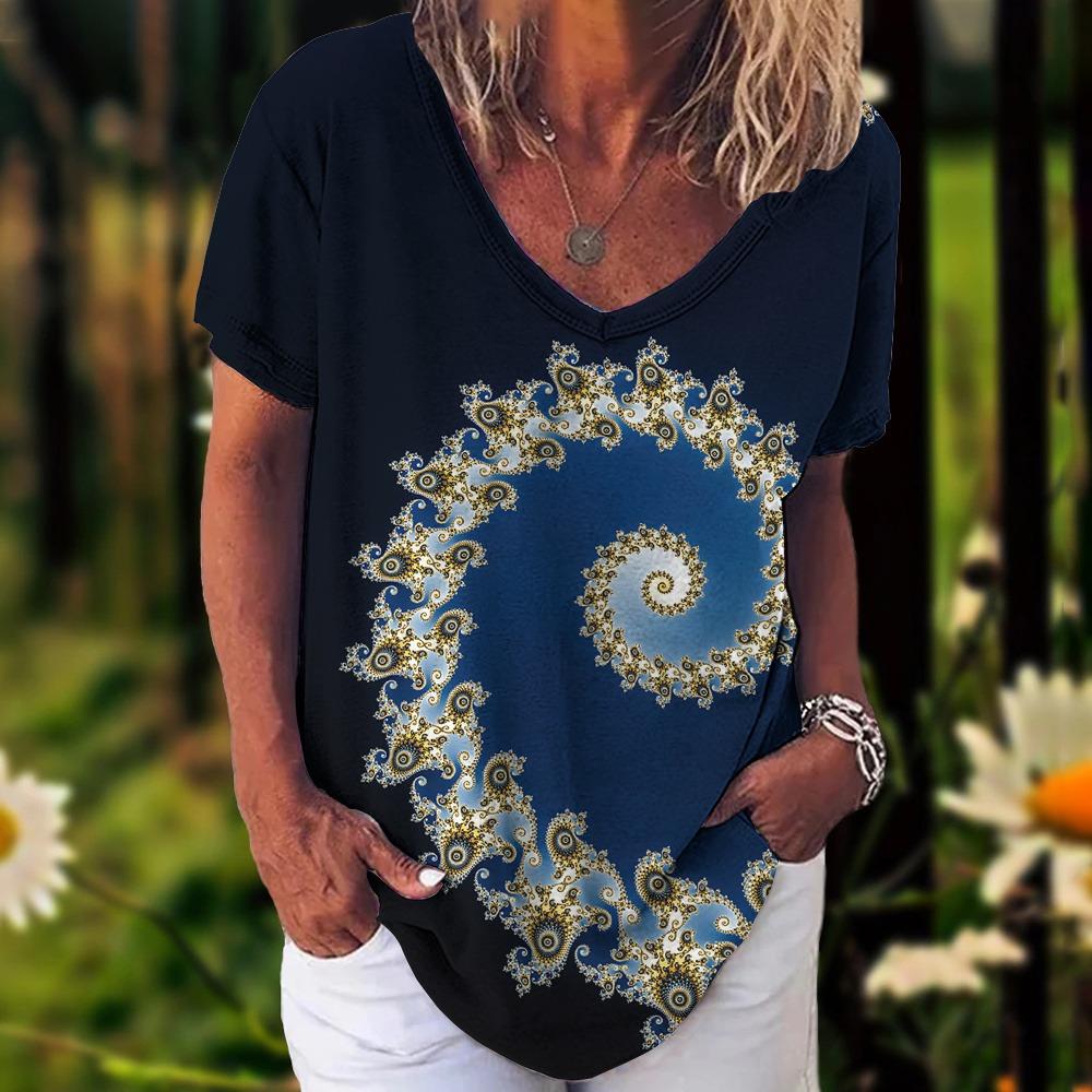 Summer Women's T-Shirt Bohemia Ethnic Style Short Sleeve Tees Fashion V-neck Loose Tops Daily