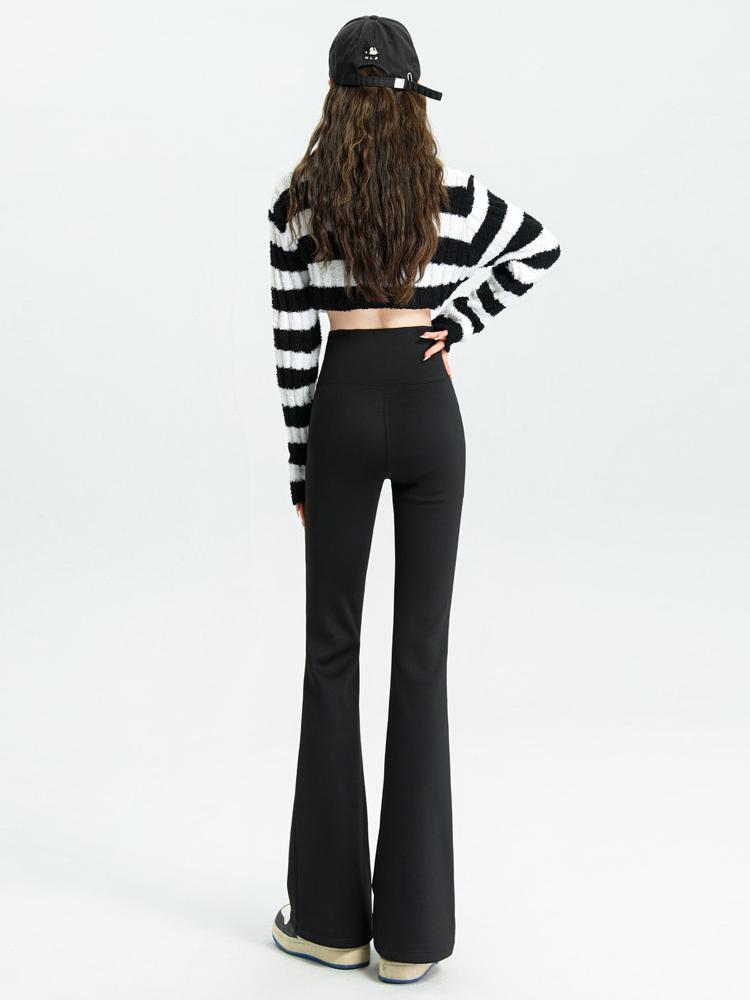 Black High Waist Micro Flare Women's Pants Autumn And Winter Plus Velvet Trousers Stretch Leggings Thermal Female Pants