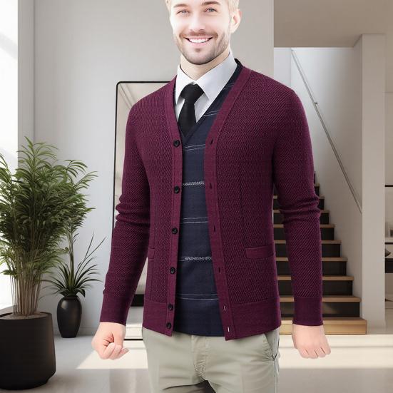Men Knitting Cardigan V-Neck Long Sleeve Buttons Placket Sweater Jacket with Pockets Solid Color Autumn Winter Knitwear