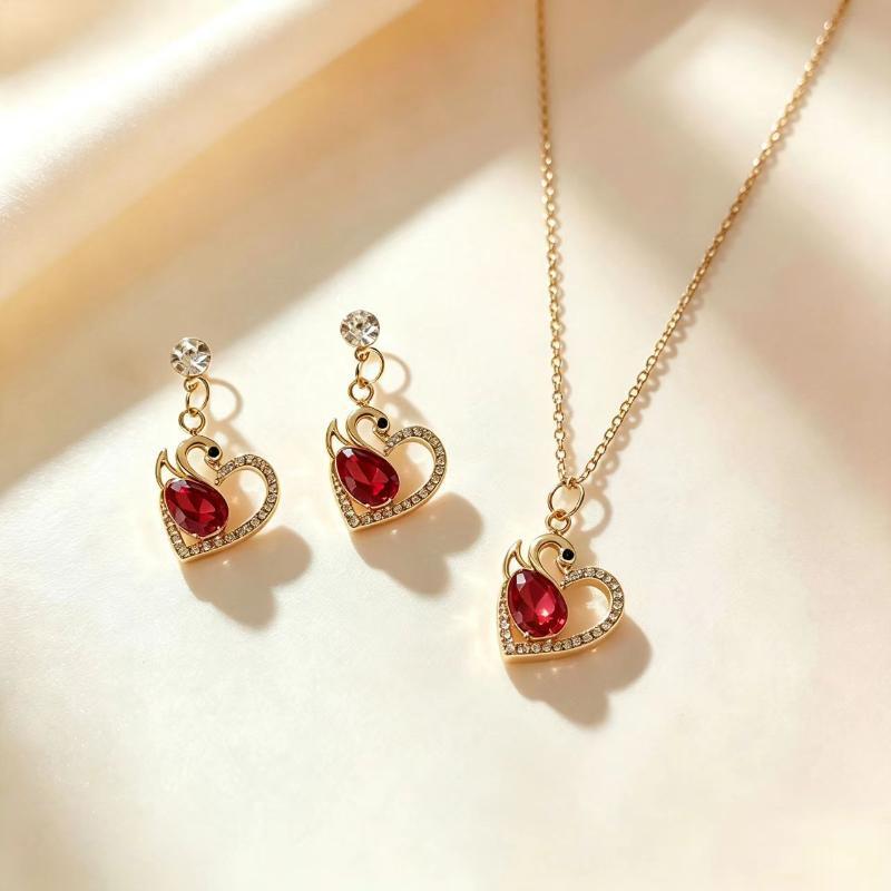 Tone Swan Necklace Earrings Set With Crystal Sparkling Rhinestones For Women Daily Wear Date Party Gifts