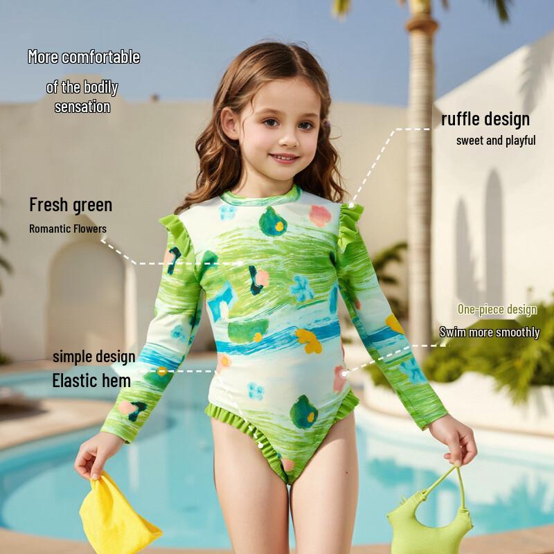 ASK JUNIOR Girls' Long Sleeve Chlorine-Resistant One-Piece Swimsuit