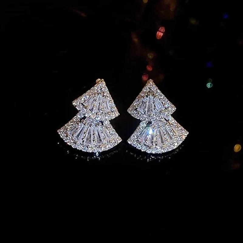 Luxury Double Scalloped Shaped Drop Earrings for Women Fashion Sparkling Cubic Zirconia Accessories Chic Wedding Jewelry